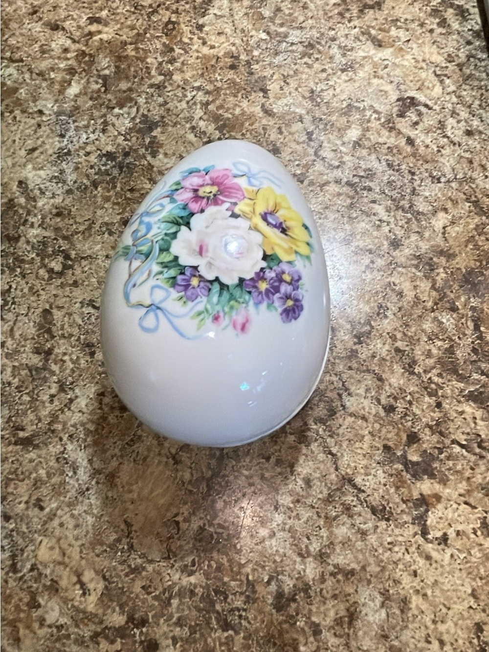 Hand-painted Porcelain Floral Egg Trinket Box - White with Multicolor Flowers